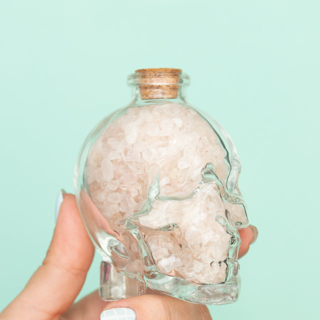 Clear Glass Skull with Rose Quartz Crystal Chips