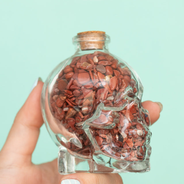 Clear Glass Skull with Red Jasper Crystal Chips