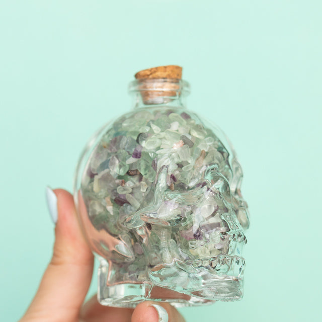 Clear Glass Skull with Mixed Fluorite Crystal Chips