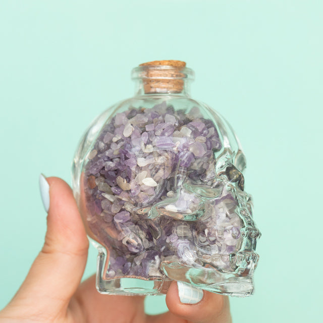 Clear Glass Skull with Purple Amethyst Crystal Chips