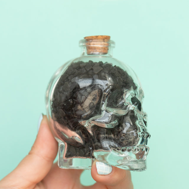 Clear Glass Skull with Black Obsidian Crystal Chips