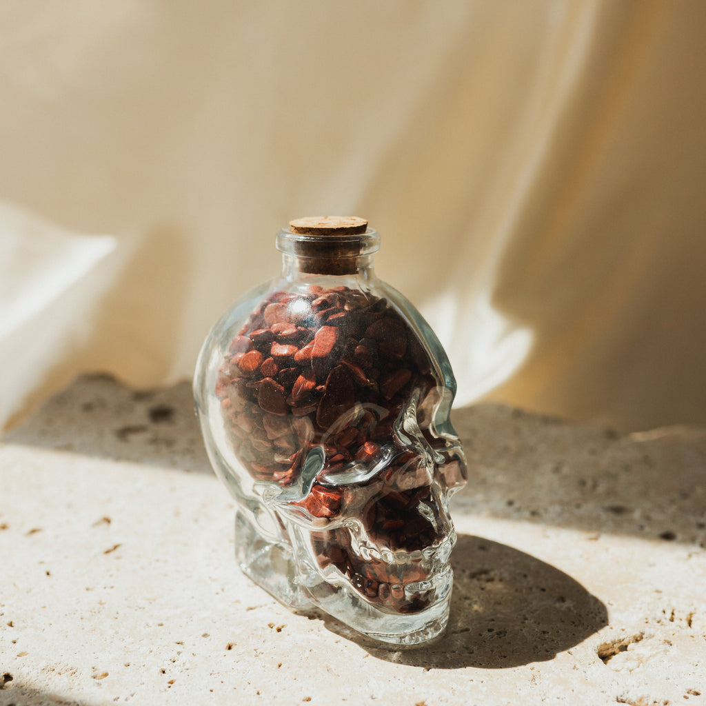 Clear Glass Skull with Red Jasper Crystal Chips