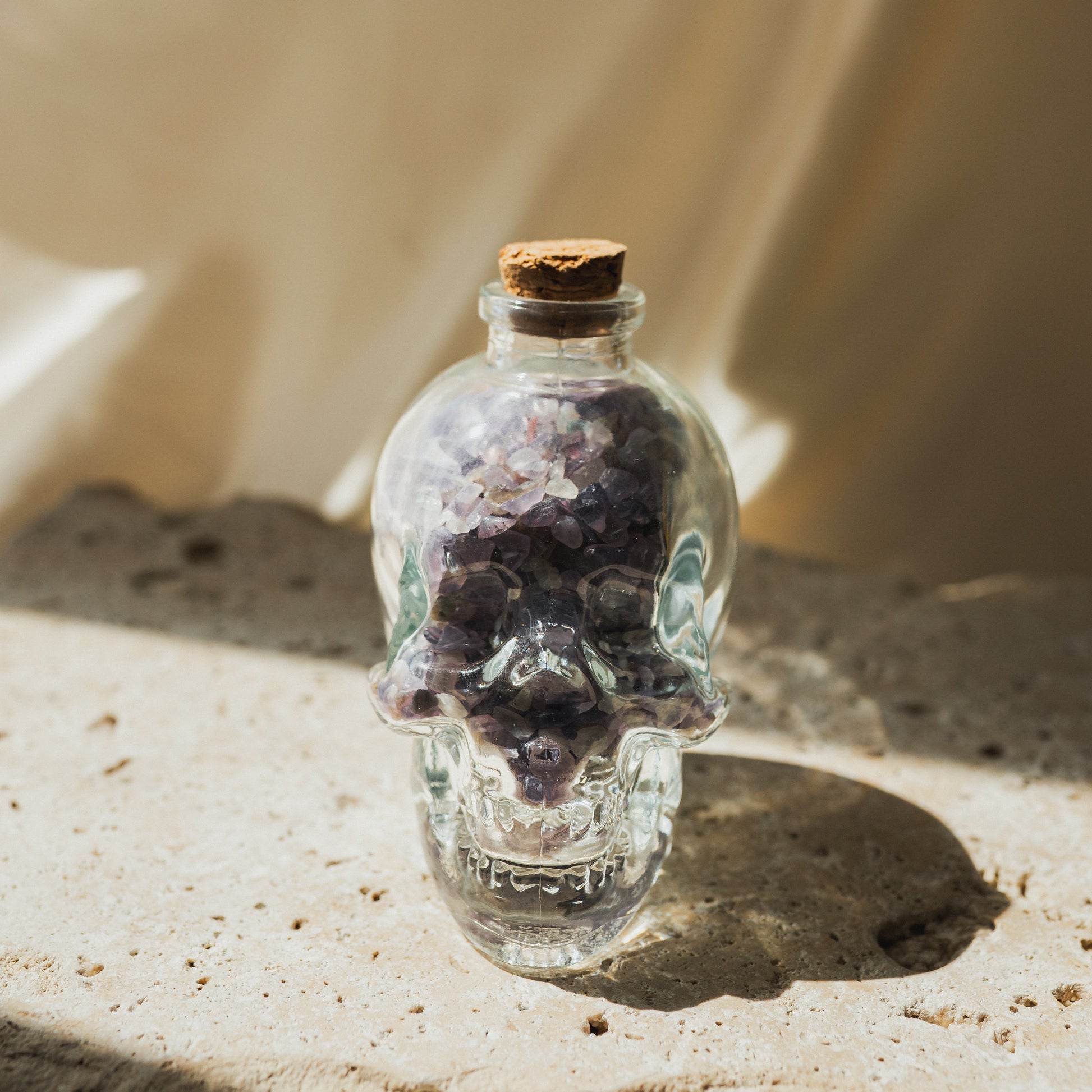 Clear Glass Skull with Purple Amethyst Crystal Chips