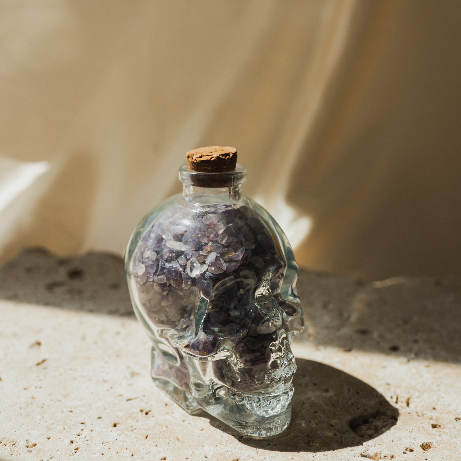 Clear Glass Skull with Purple Amethyst Crystal Chips