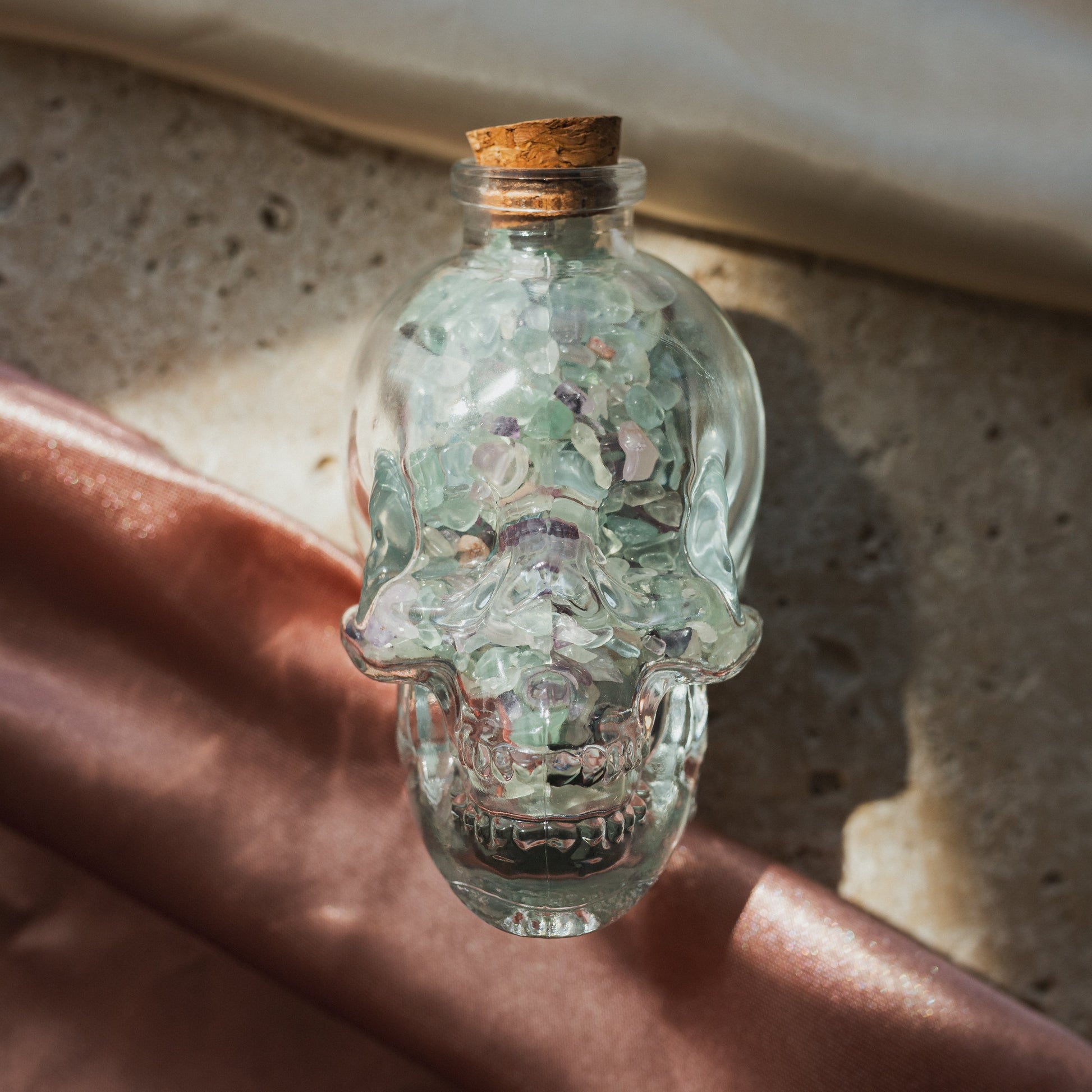 Clear Glass Skull with Mixed Fluorite Crystal Chips
