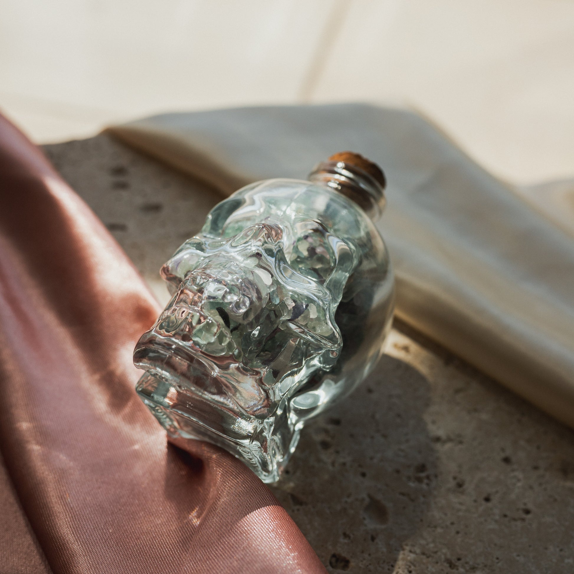 Clear Glass Skull with Mixed Fluorite Crystal Chips