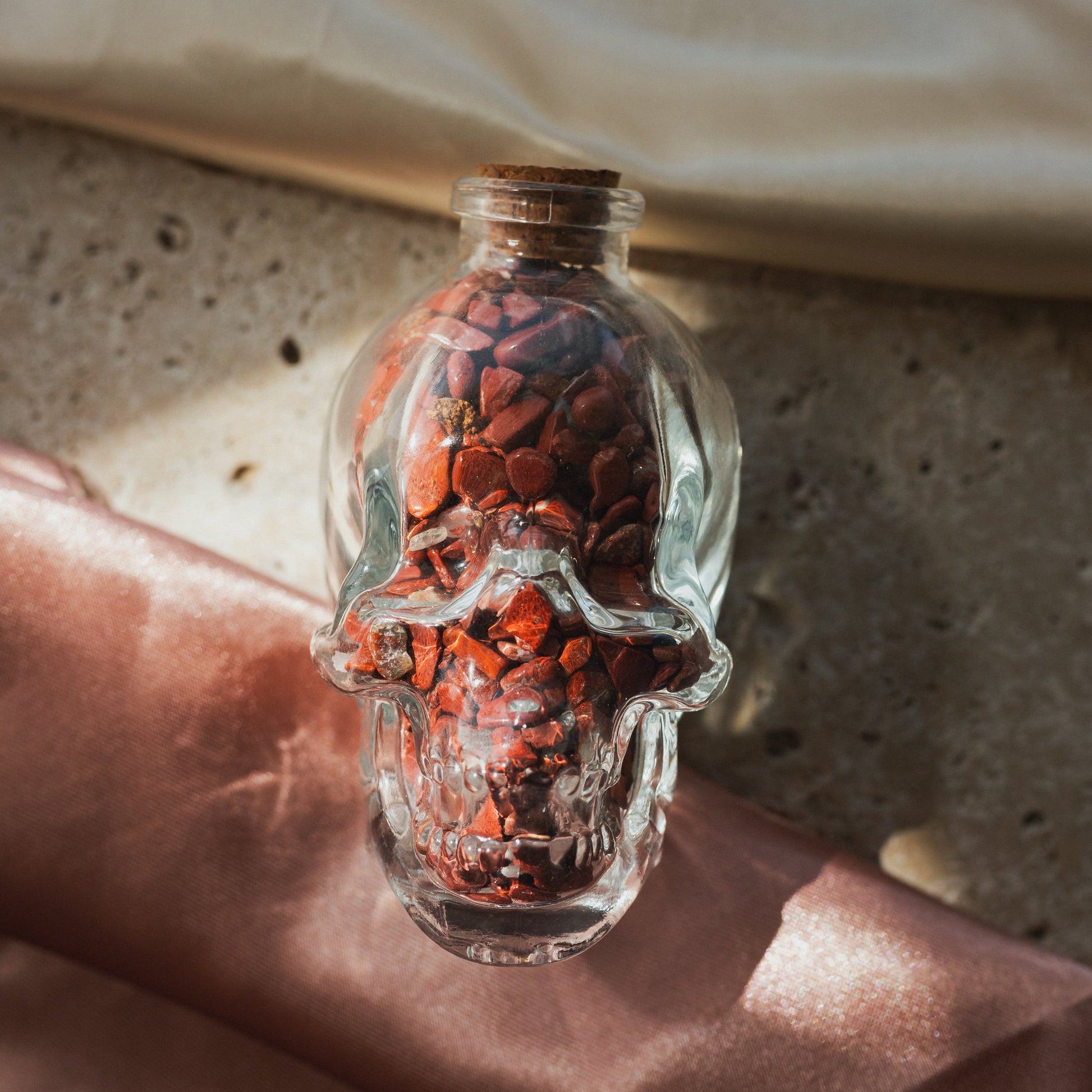 Clear Glass Skull with Red Jasper Crystal Chips