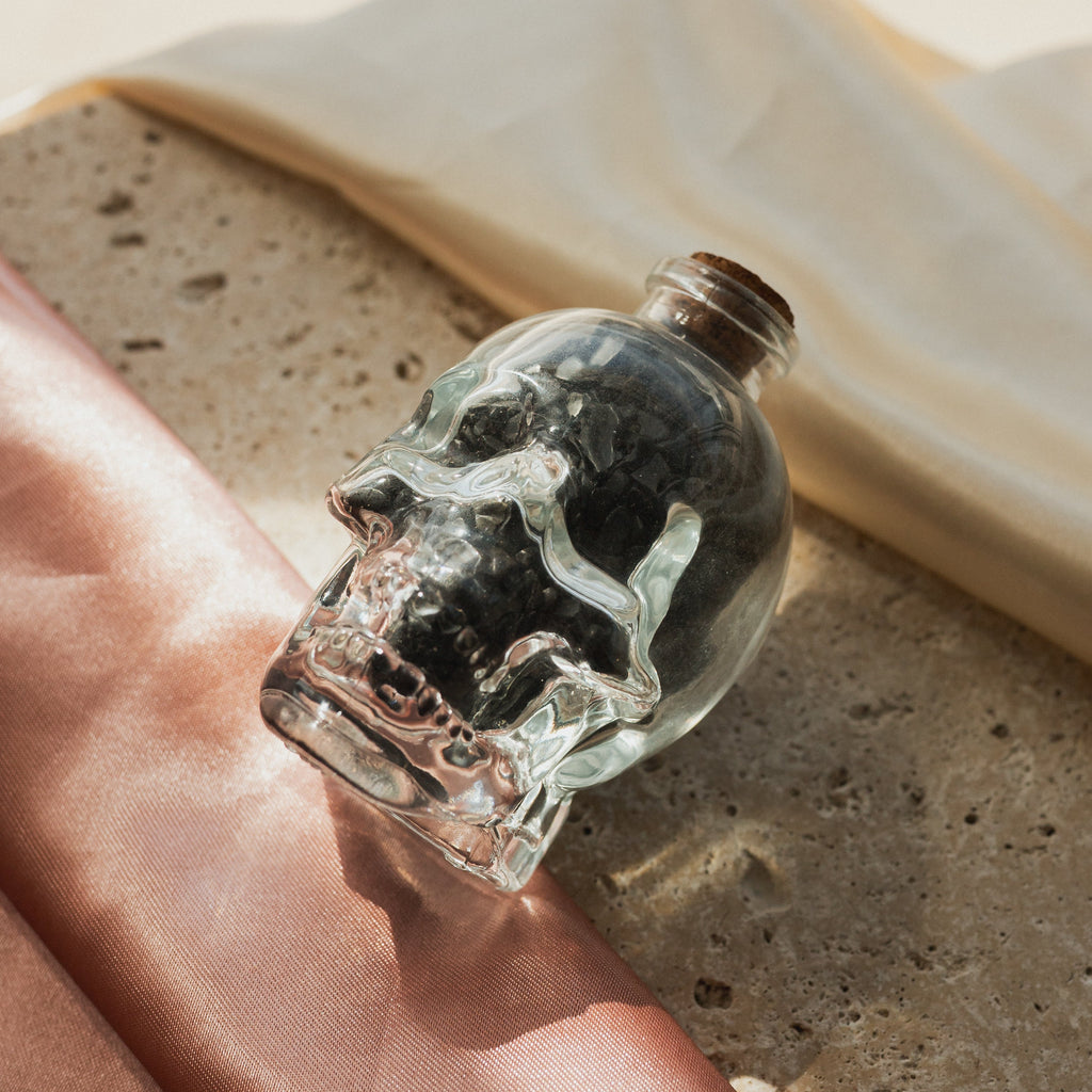 Clear Glass Skull with Black Obsidian Crystal Chips