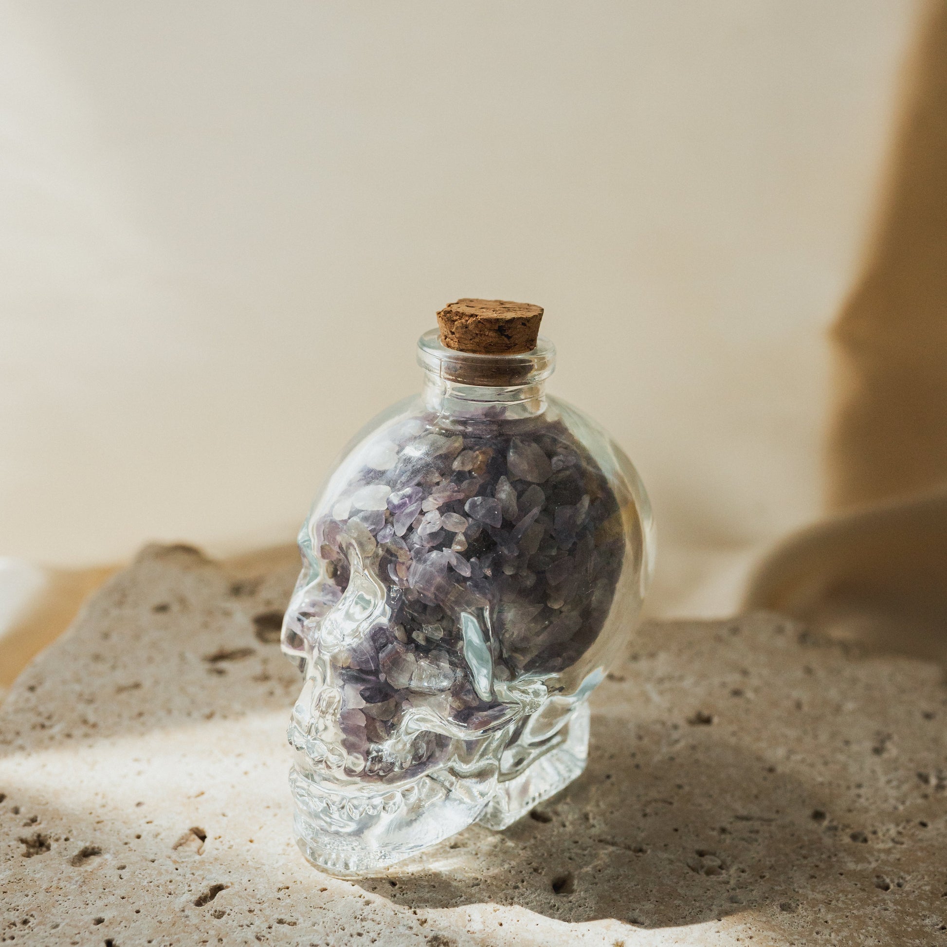 Clear Glass Skull with Purple Amethyst Crystal Chips