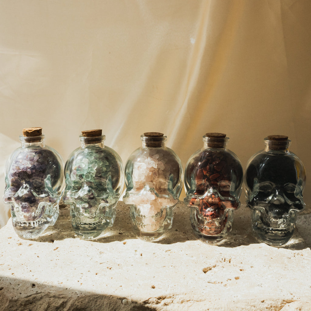 Clear Glass Skull with Black Obsidian Crystal Chips
