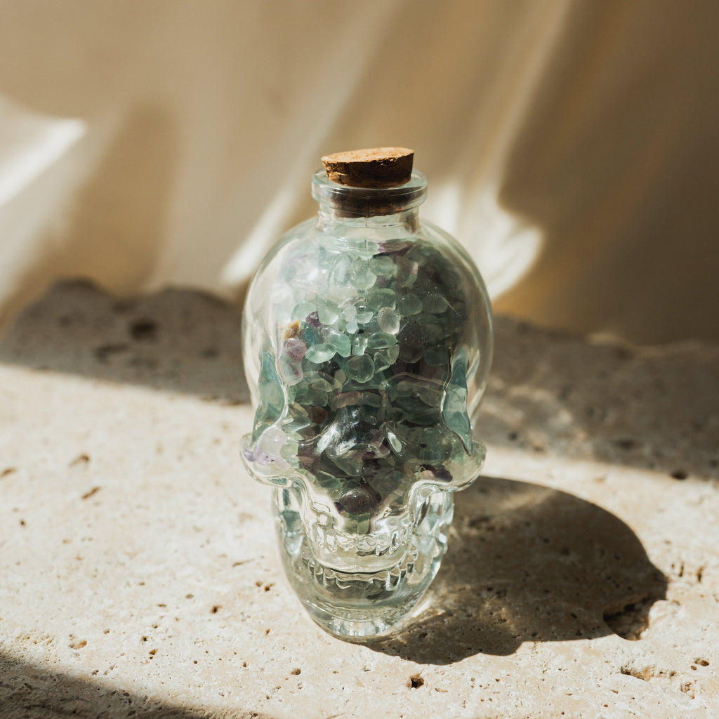 Clear Glass Skull with Mixed Fluorite Crystal Chips