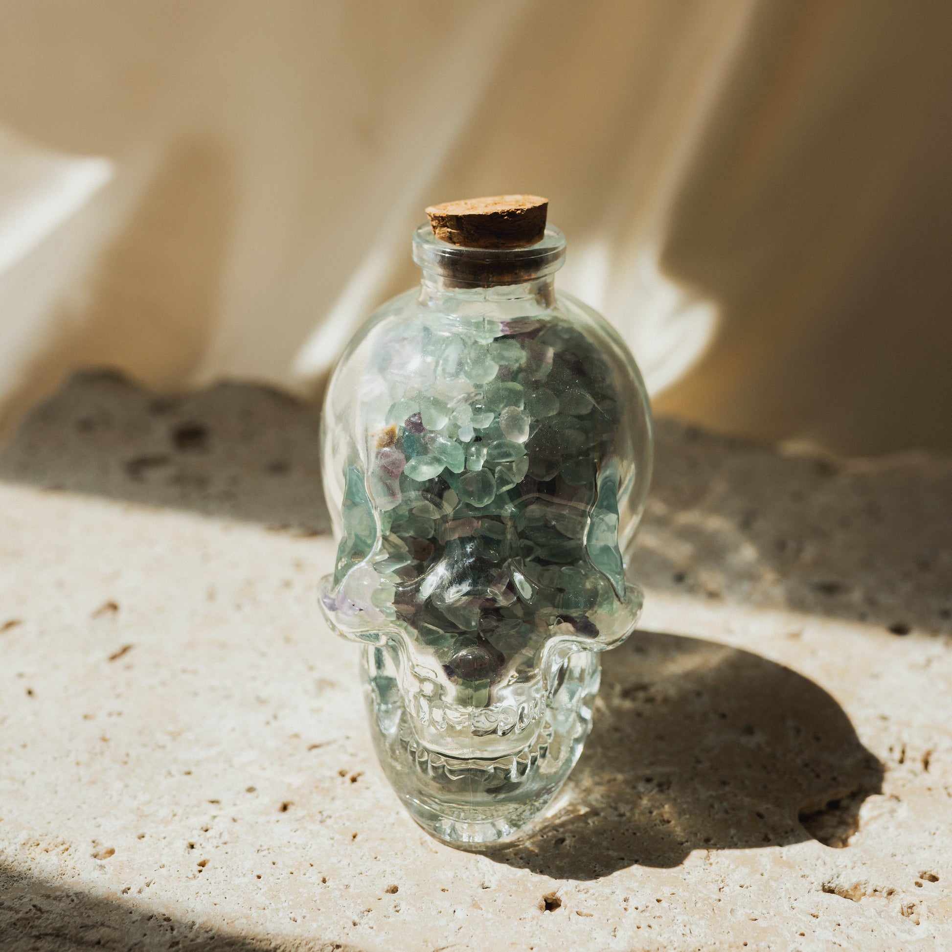 Clear Glass Skull with Mixed Fluorite Crystal Chips