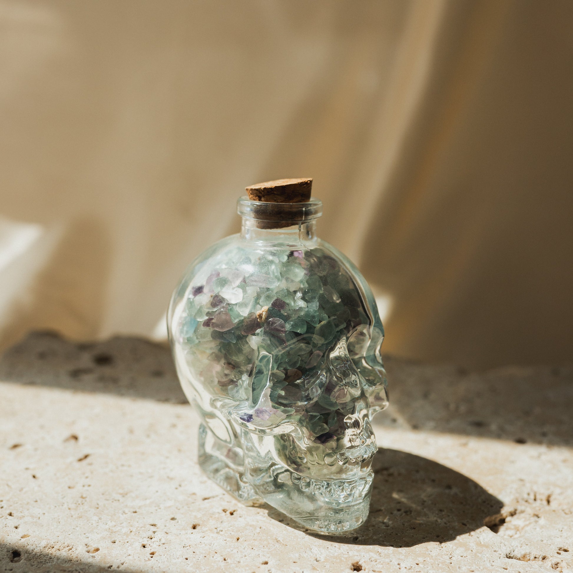 Clear Glass Skull with Mixed Fluorite Crystal Chips
