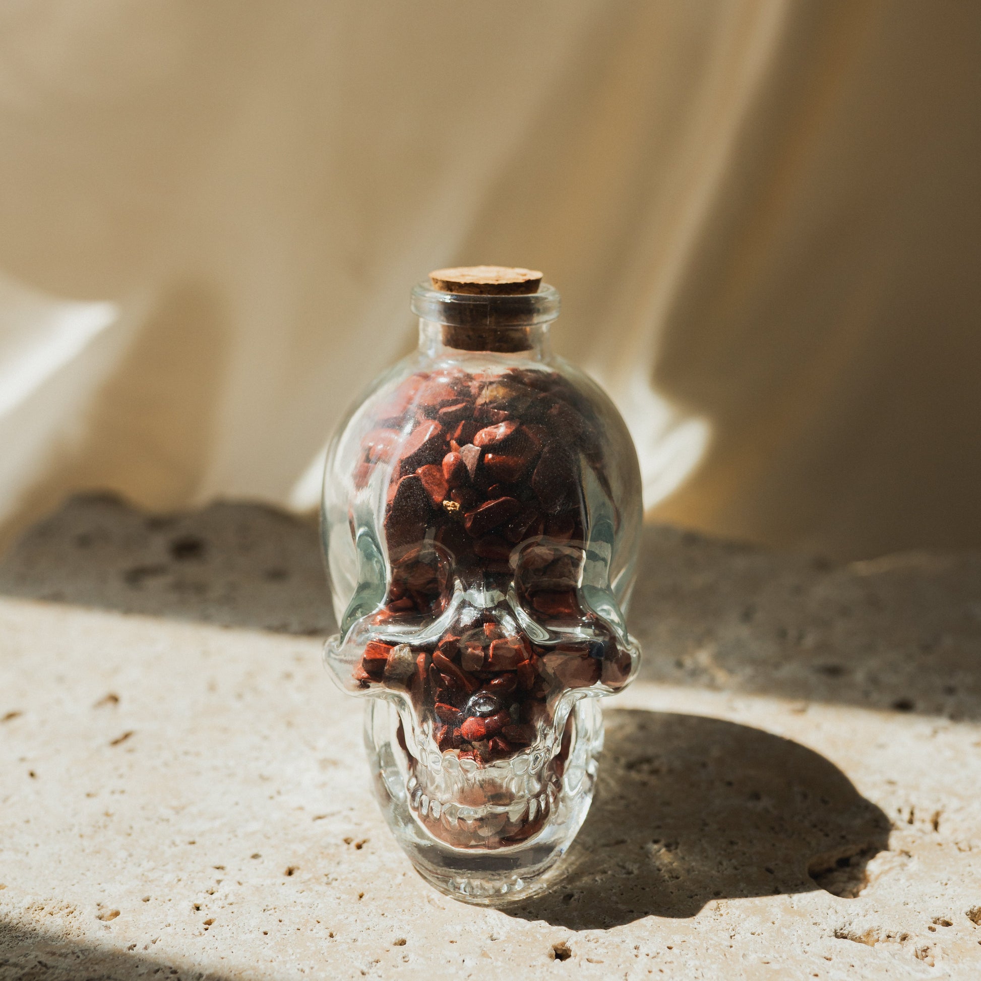 Clear Glass Skull with Red Jasper Crystal Chips